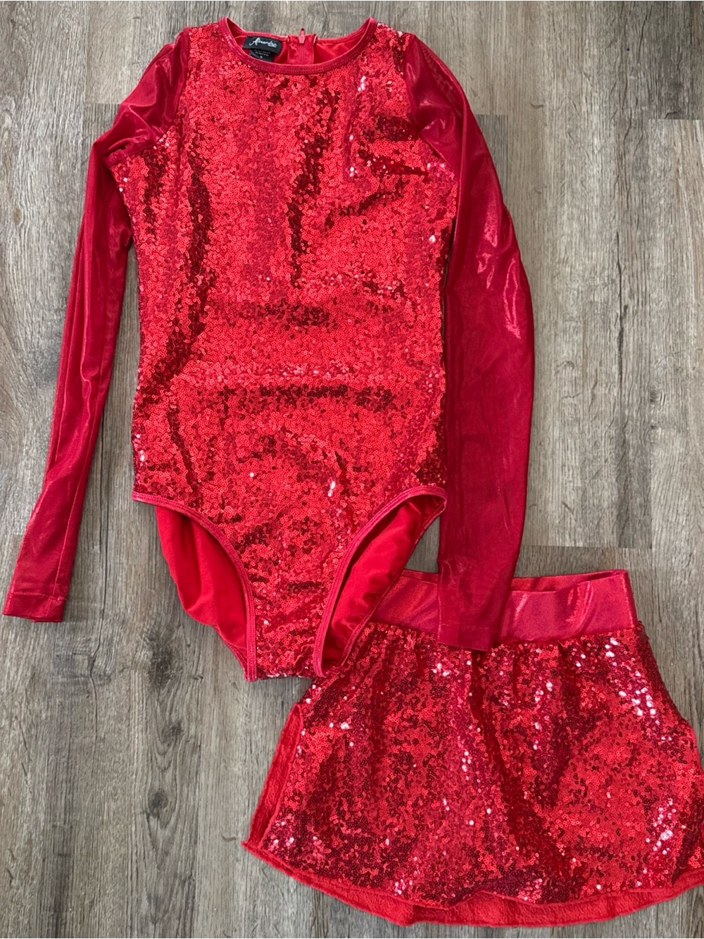 Alexandra Dance Costume Set Size Small Red Sequin Leotard & Matching Skort